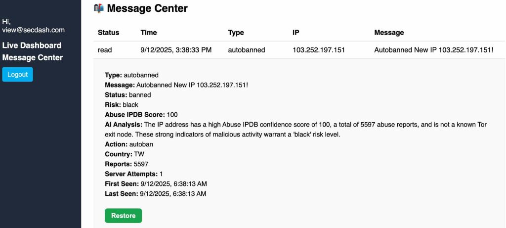 message center message showing information on an ip address