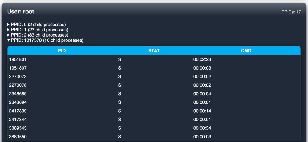 sorted server-side processes, by user